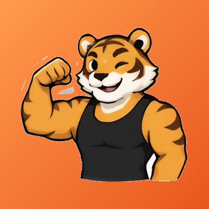 The tygr app icon: a cartoon tiger in a black tank top, flexing and winking.